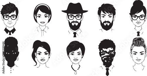 Black and white of ten people with different hairstyles and accessories faces
