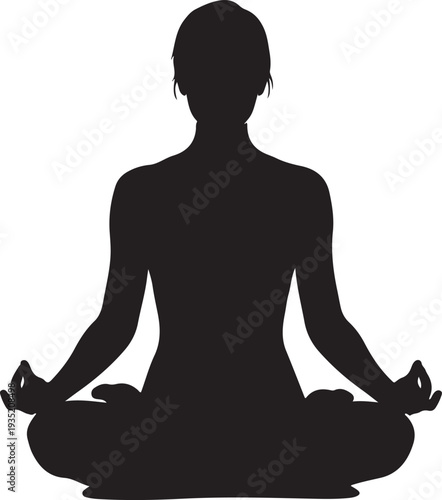 Black silhouette of a yoga woman in lotus pose on a white background, minimal outline.