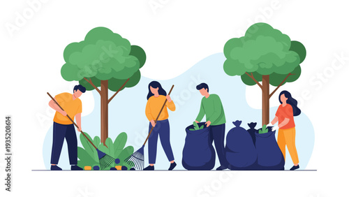 Dedicated volunteers work together to clean up a local park by raking fallen leaves and collecting trash into large bags.