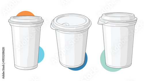 Set of three different sizes of white disposable paper cups for hot beverages are shown with their lids for coffee to go.