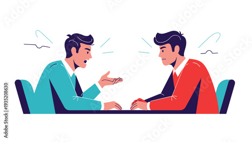 Two business colleagues engage in a heated debate or argument while sitting across from each other at a professional table.