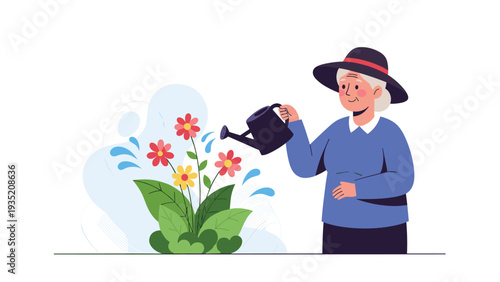 Smiling elderly woman wearing a sun hat enjoys her gardening hobby by watering vibrant red and yellow flowers in the yard.
