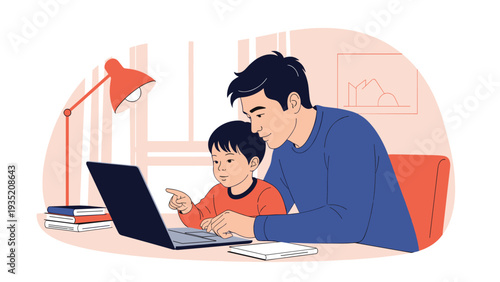 Caring father assists his young son with online learning as they sit together at a desk and use a laptop computer at home.