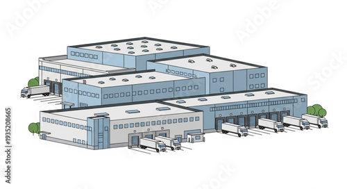 Modern Warehouse Buildings with Trucks for Logistics.
