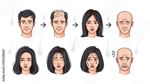 Informative illustration showing different stages of hair loss and the resulting emotional distress in both male and female characters.
