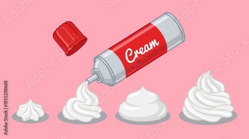 Sweet Whipped Cream Spray Can and Fluffy Dollops Illustration on Pink Background