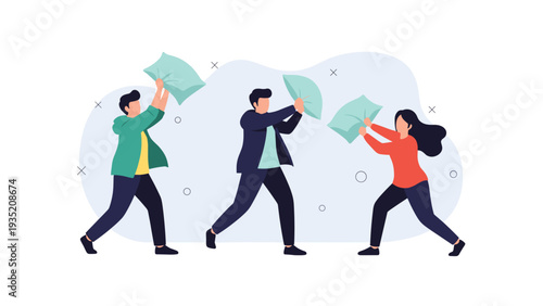 Group of energetic young people participate in a playful pillow fight to relieve stress and have fun together in a room.