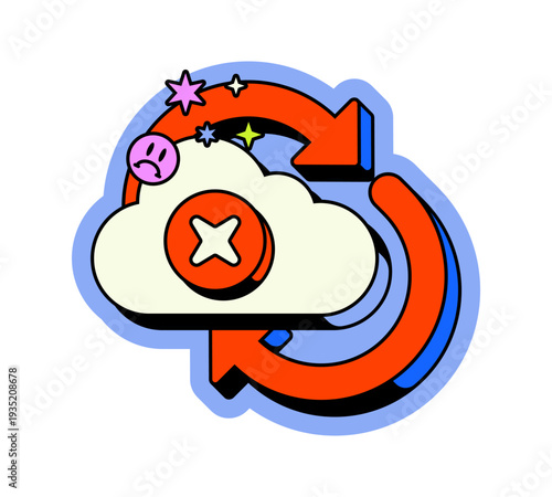 Cloud failed synchronization neo brutalism pop-up UI overlay. Interrupted data transfer. Unsuccessful backup attempt. Isolated user interface element in neubrutalism style. Retro Y2K UX design shining