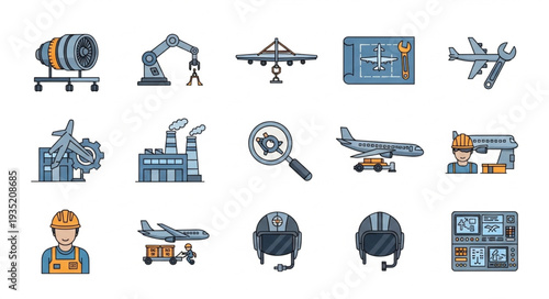 Collection of aviation industry and aircraft maintenance icons.