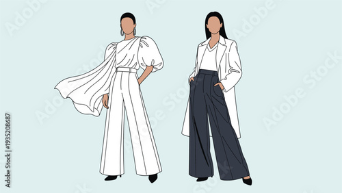 Elegant fashion sketches depict two women wearing sophisticated and modern high-fashion outfits with wide-legged trousers.
