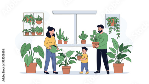 Happy family consisting of a father, mother, and child taking care of and watering many green indoor plants in their home.