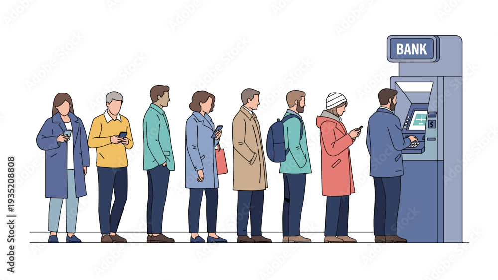 Obraz premium Diverse group of people standing in a long queue waiting for their turn to use an automated teller machine at a bank.