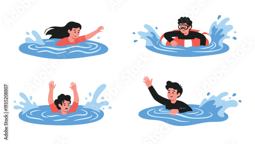 Collection of diverse people in water including a swimmer a person with a life ring and two people who are in need of urgent rescue.