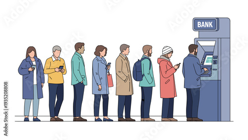 Diverse group of people standing in a long queue waiting for their turn to use an automated teller machine at a bank.