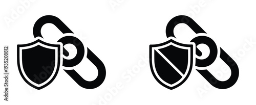 A graphic representation of link security with chain and shield icons in different colors on a white background. Chain link with shield icons for security and protection concepts. 