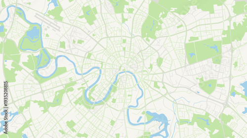 Minimalist Vector Map of Moscow City Center: Abstract Geographic Layout with River, Roads, and Green Spaces