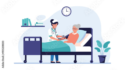 Professional nurse monitoring the blood pressure of a senior patient resting in a hospital bed during medical care.