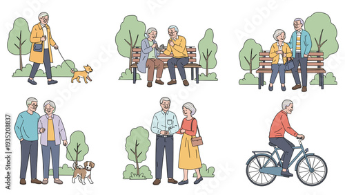 Diverse set of elderly people enjoying their retirement through various outdoor activities in a tranquil park environment.