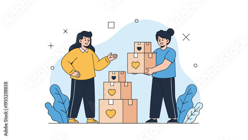 Two female volunteers working together to organize and distribute charity donation boxes filled with essential items.