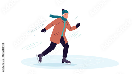 Active senior man enjoying a winter day while ice skating outdoors on a frozen lake with a warm coat and stylish woolen scarf.