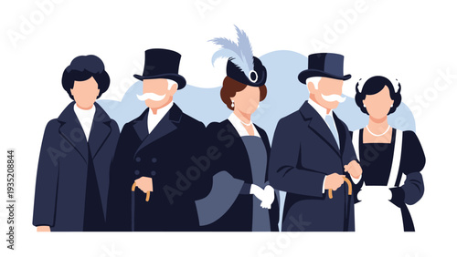 Group of elegantly dressed individuals wearing traditional Victorian era formal attire including top hats and gowns.