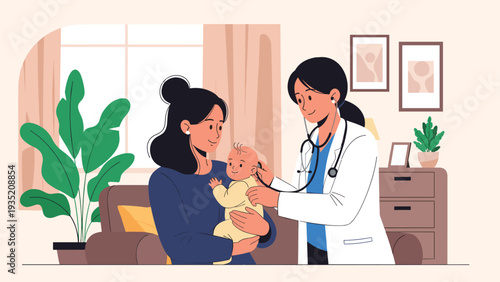 Caring pediatrician conducting a medical checkup on a baby while the mother holds her child in a comfortable home nursery setting.