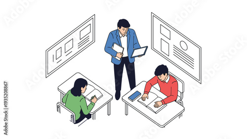 Male teacher providing guidance to two young students during a classroom study session in a modern school setting.