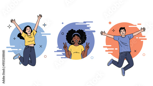 Group of vibrant and happy young people jumping with joy and celebrating their success in life against a colorful background.