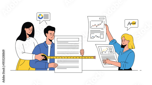 Team of business professionals using a tape measure to check dimensions on a large project document in an office.