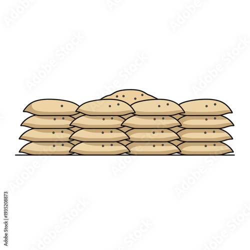 Vector illustration of stacked sandbags forming a protective barrier, useful for flood defenses, military fortifications, and construction sites