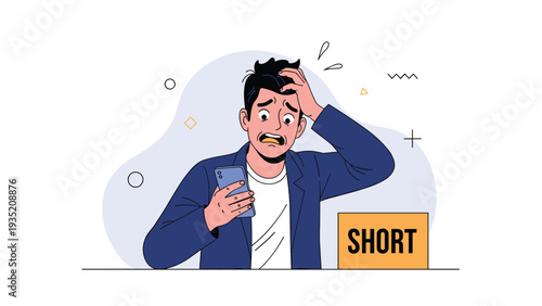 Worried businessman looking at his smartphone screen with an expression of shock and panic due to bad financial news in an office.