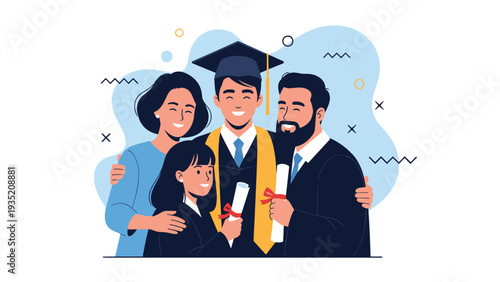 Joyful family gathering to celebrate a young man's successful graduation with pride and happiness in a studio setting.