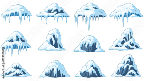Set of various snow piles and icy formations including icicles and frozen mounds for winter themed graphic design.