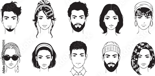 Black and white of ten people with various hairstyles and headwear faces