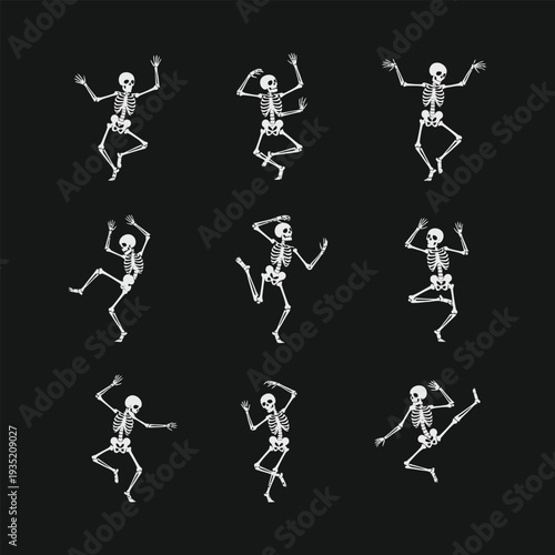 Skeletons dancing in various poses on a black background, illustrations of lively skeletons