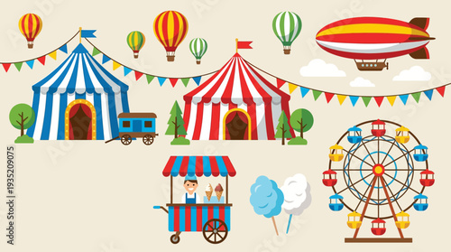 Vibrant Carnival & Fairground Vector Set: Circus Tents, Ferris Wheel, Hot Air Balloons, Blimp, Ice Cream Cart & Cotton Candy