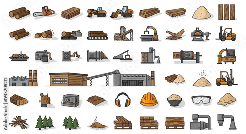 Collection of industrial equipment and materials for logging and construction.
