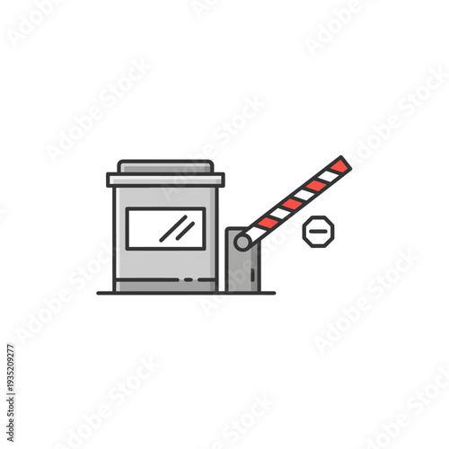 Security barrier gate and checkpoint booth, illustrating restricted access and controlled entry for vehicles in a guarded facility or logistical area