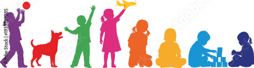 Colorful children silhouettes playing with toys dog and blocks kids activity collection childhood fun education concept isolated on white background vector illustration