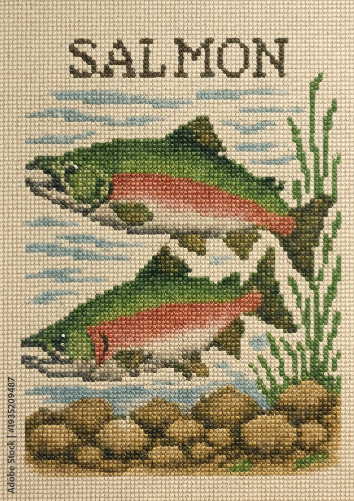 Fototapeta premium Colorful salmon cross-stitch art.