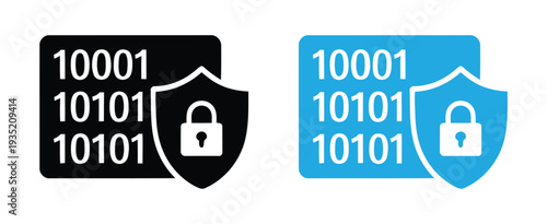 Binary code shield icons with padlock for cybersecurity and data protection