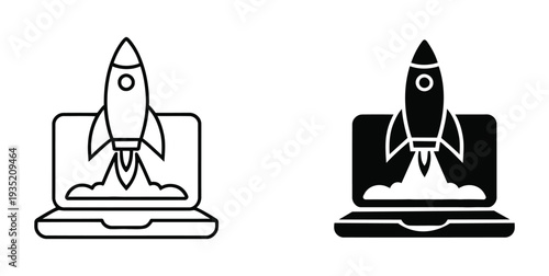 Rocket launching from laptop screen silhouette vector - Business startup and growth concept with space shuttle launch