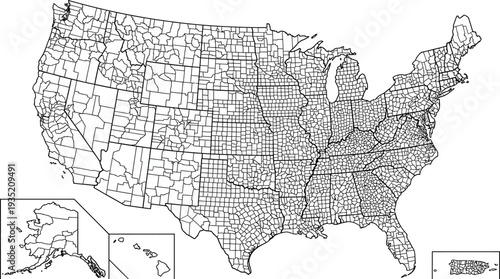 United States County Map Outline - Detailed US Administrative Divisions Vector with Alaska, Hawaii & Puerto Rico