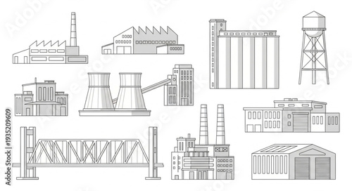 Collection of Industrial Building Illustrations and Silos.