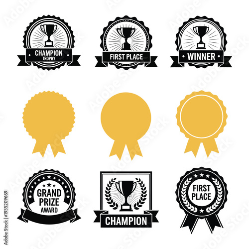 A collection of golden award badges and trophies symbolizing champion and winner achievements in various competitions and events