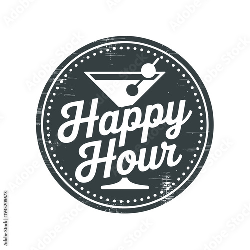 Vintage style happy hour sign with a martini glass and decorative elements