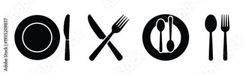Fork, knife, plate and spoon. Menu symbol. Restaurant icon. Food, plate, fork, knife, spoon, cutlery icon set. Vector