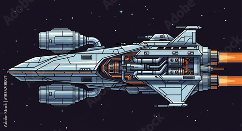 Detailed Pixel Art Spaceship Flying Through Stars.