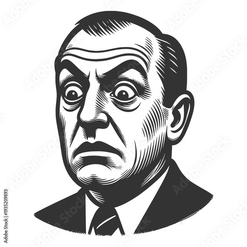 surprised middle aged businessman with wide eyes and tense expression, conveying shock or fear sketch engraving generative ai fictional character vector illustration. Scratch board. Black and white.