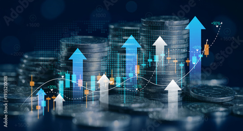 Business Finance and Investment Concept: Coin Stack, Financial Graph and Market Chart for Capital Gain, World Money and Economic Growth
